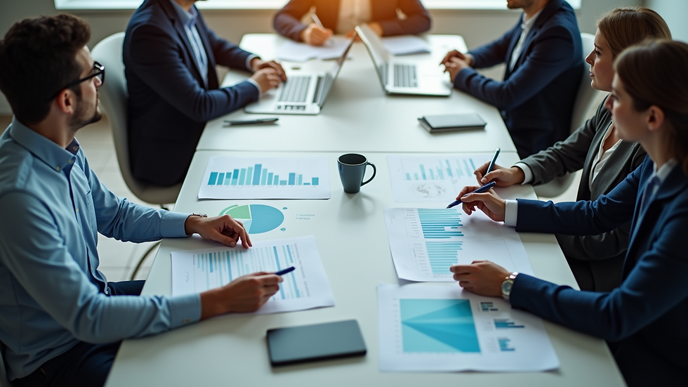 High angle view of a business meeting discussing financial charts