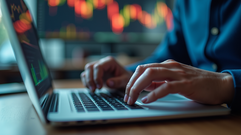 Eye-level view of a financial analyst reviewing stock charts on a laptop