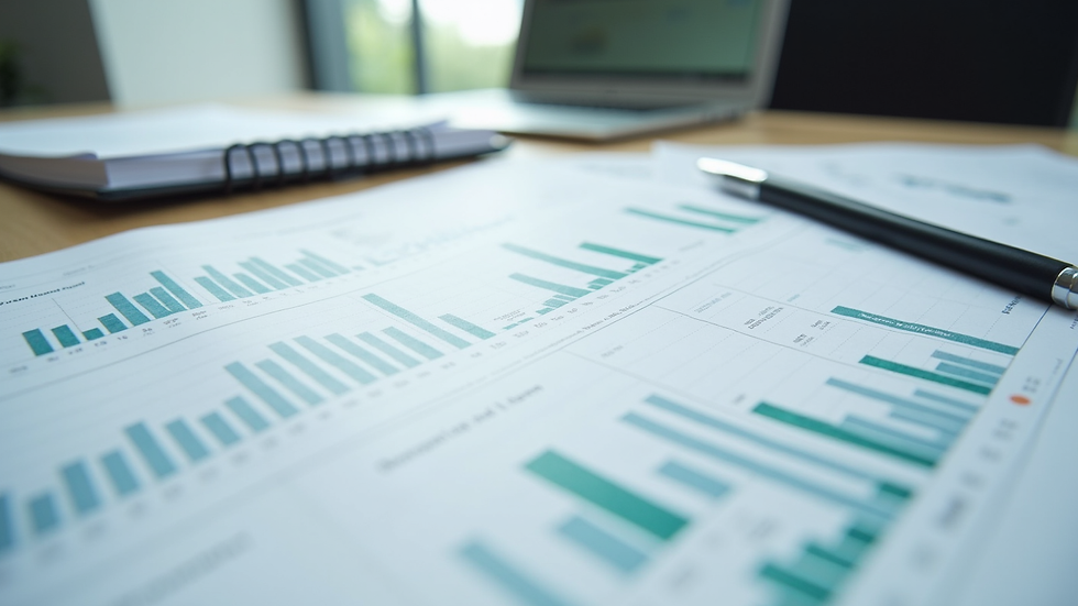 Close-up view of printed equity research reports spread on a desk