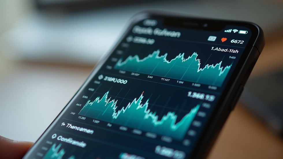 Close-up view of a smartphone displaying a stock valuation app with graphs and metrics