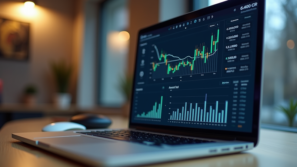 Eye-level view of a laptop displaying financial charts and data analytics