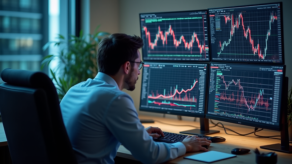 High angle view of a financial analyst's desk with multiple screens showing stock charts