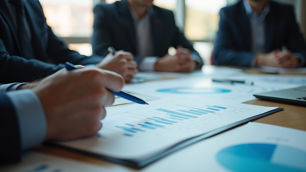 High angle view of a business meeting discussing financial performance charts