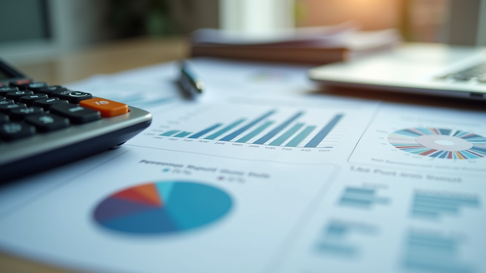 Eye-level view of financial documents with charts and calculator