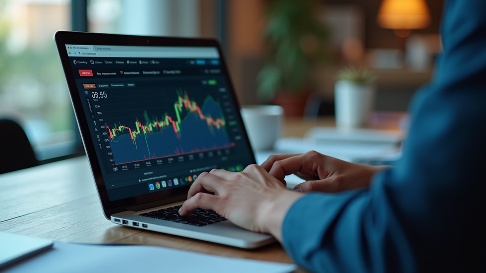 Eye-level view of a financial analyst reviewing stock market data on a laptop