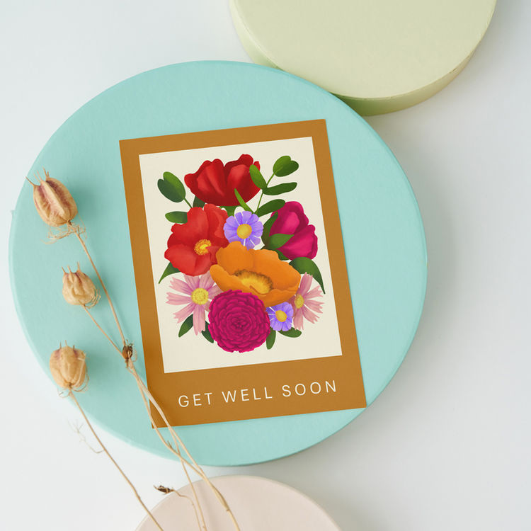 Colorful floral card on an off white background with a mustard yellow dark frame. 3"x4"

Digital gouache illustration by Karolina Kay.