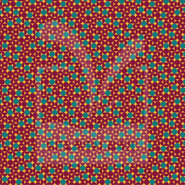 Seamless pattern swatch made of burgundy and dark green circles and semi circles on a golden background.