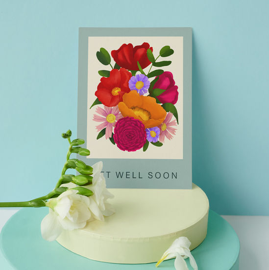 Colorful floral card on an off white background with a soft blue frame. 3"x4"

Digital gouache illustration by Karolina Kay.