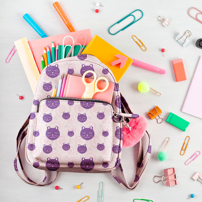 Annoyed cat face pattern in purple and pink shown on a backpack.

Artwork by Charles Cook.