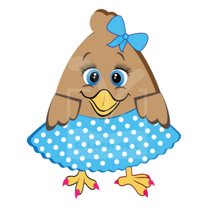 A cute chick with blue eyes and a smile wearing a blue polka dot skirt. Front view. 