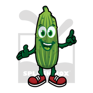 A happy green pickle guy with a big smile, wearing red sneakers, and making animated hand gestures.