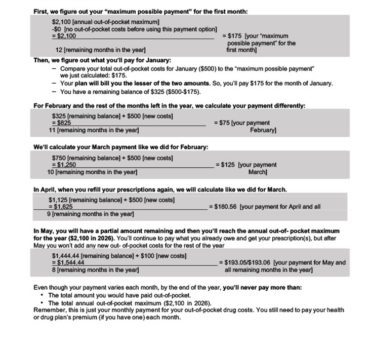 Monthly bill calculation examples with text explanation and Medicare Prescription Payment Plan details.