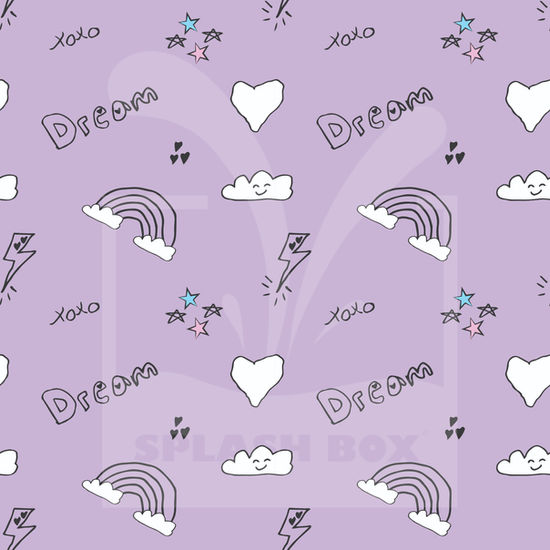 Star, heart, rainbow, lightening, and dream black & white icons on a purple background.