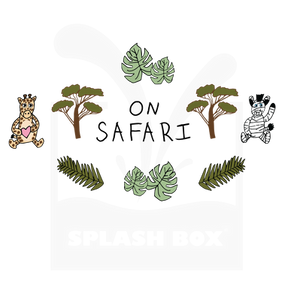 Hand lettered "On Safari" with a giraffe, zebra, tree, and tropical leaf illustrations.