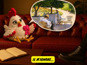Poule au crochet sur canapé rouge, bulle montrant un jardin impressionniste; texte IL M’IGNORE… ambiance jalouse et boudeuse