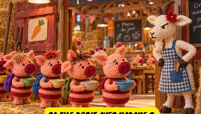 Quatre cochonnets en laine avec bols attendent devant une cantine; une chèvre en tablier les surveille. Texte: Ça file droit avec Madame G.