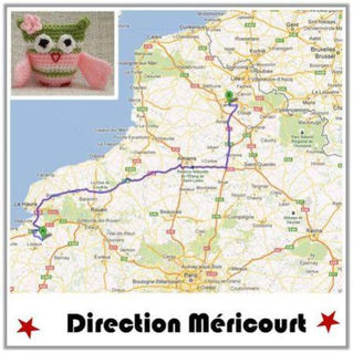 chouette au crochet sur une carte de France qui rejoint Lisieux et Méricourt