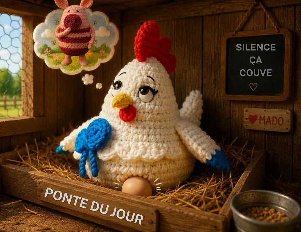 Poule en crochet dans un poulailler, couvant un œuf; panneau SILENCE ÇA COUVE, bulle avec cochon et ambiance chaleureuse.