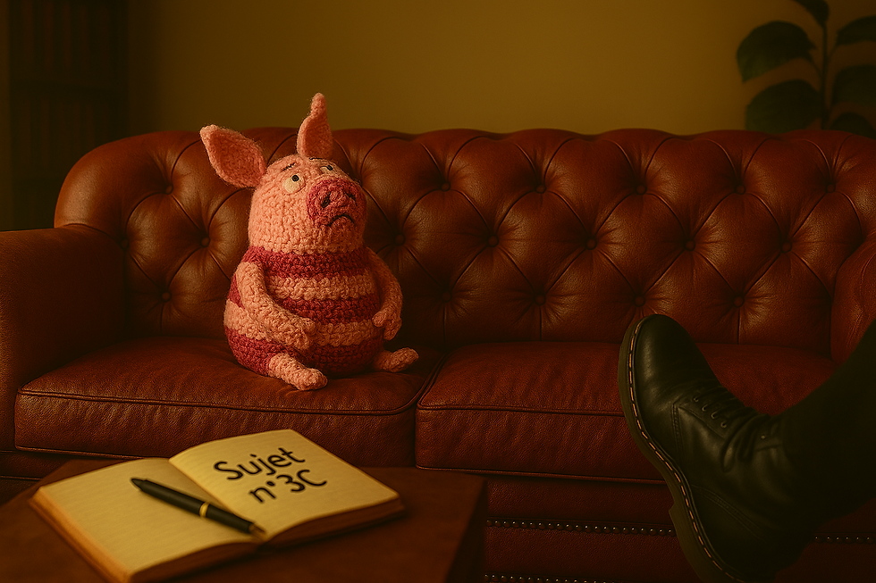 ronchonchon cochon au crochet assis sur un divan rouge en cuir devant une personne censée représentée un psy avec des Dr Martin et un carnet sur la table