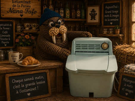 Peluche morse tricotée avec bonnet bleu devant une machine à laver dans un estaminet rustique, ambiance chaleureuse.