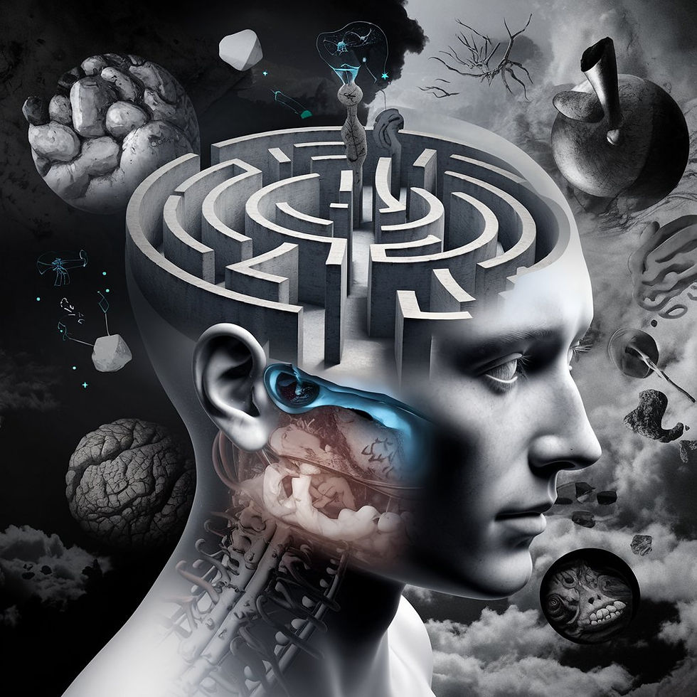 Une image surréaliste et abstraite représentant l'exploration de l'esprit inconscient. Une tête humaine est ouverte, révélant une structure complexe en forme de labyrinthe à l'intérieur, avec des images oniriques telles que des symboles flottants, des souvenirs fragmentés et des ombres. L'arrière-plan est un mélange de teintes sombres et claires, symbolisant l'esprit conscient et inconscient. L'image est artistique, mettant en avant la nature mystérieuse et complexe de la psyché, mélangeant réalisme et éléments abstraits."
