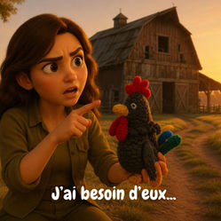 Jeune femme à l'air inquiet tenant un coq noir au crochet devant une grange au coucher de soleil, texte 'J'ai besoin d'eux...'