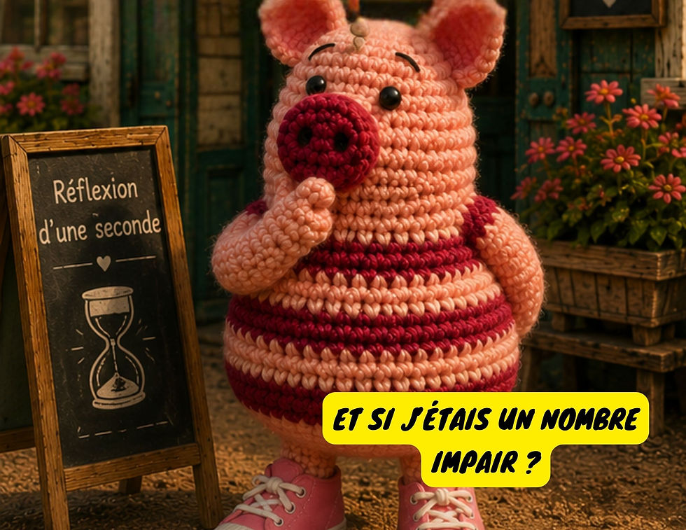 Cochon en crochet rayé devant un panneau « Réflexion d’une seconde »; bulle « Et si j’étais un nombre impair ? », jardin fleuri.