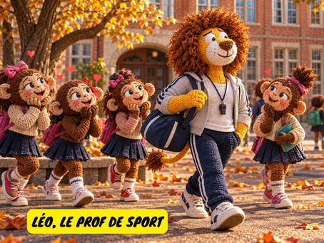 Lion en crochet et trois fillettes singes sur un campus d’automne, cœurs flottants; texte: LÉO, LE PROF DE SPORT.