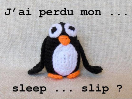 pingouin au crochet l'air sceptique. Texte "j'ai perdu mon sleep ou slip ?"