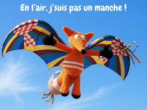 Renard au crochet en deltaplane multicolore faisant un pouce levé dans un ciel bleu, texte 'En l'air, j'suis pas un manche !'