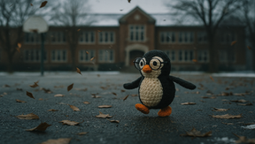 un pingouin au crochet nommé pingouinnot est dans la cour d'un lycée vide, les vacances approchent à travers les récits de nana fafo