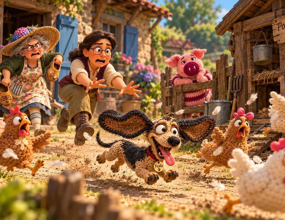 Dans un village rustique, une femme et une jeune femme paniquent; le chien Ficelle court, avec poules et cochon crochetés.