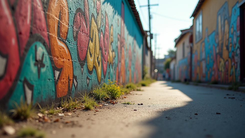 Eye-level view of a vibrant mural on a community wall