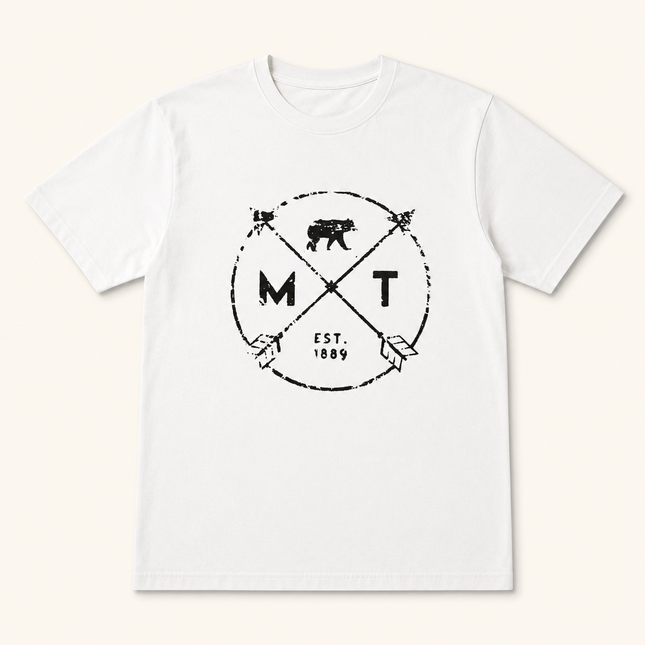 White T-shirt with a black Montana bear and crossed-arrow badge