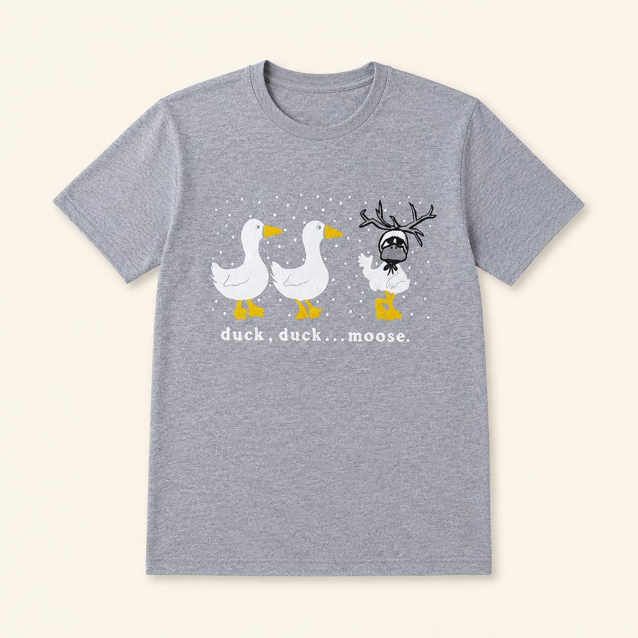 Sport gray T-shirt with two ducks and a duck wearing moose antlers
