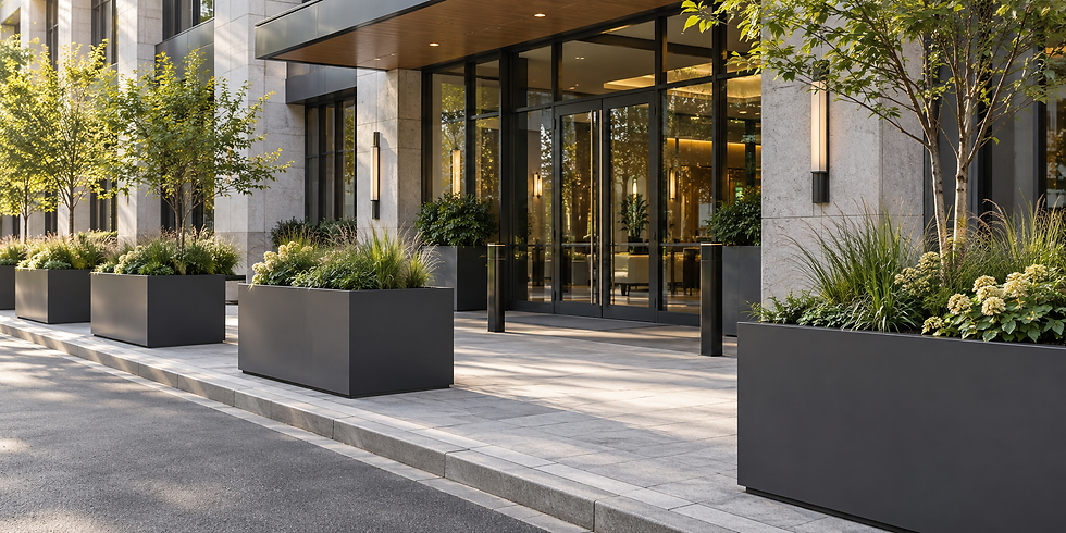 Large metal planters with greenery line the entrance of a commercial building.