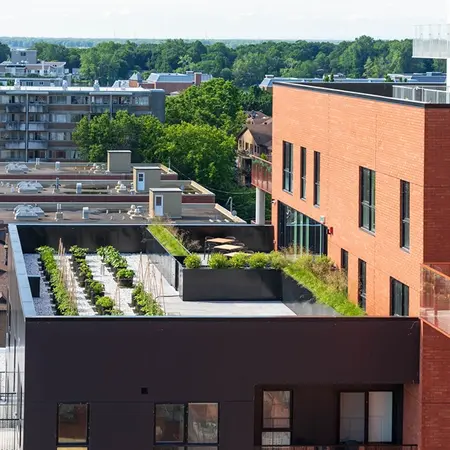 Aerial view of WALT's landscaped terrace and rooftop Urban Pot planters, with neighboring brick building