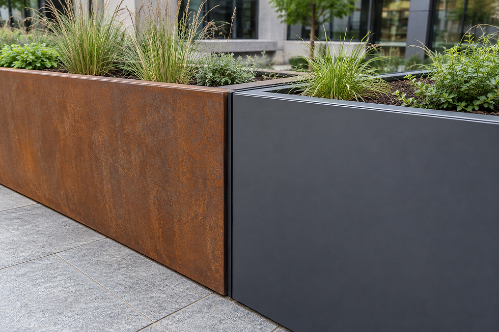 Jardinières en acier Corten et en aluminium couleur charbon, avec une bande de séparation noire à leur jonction.