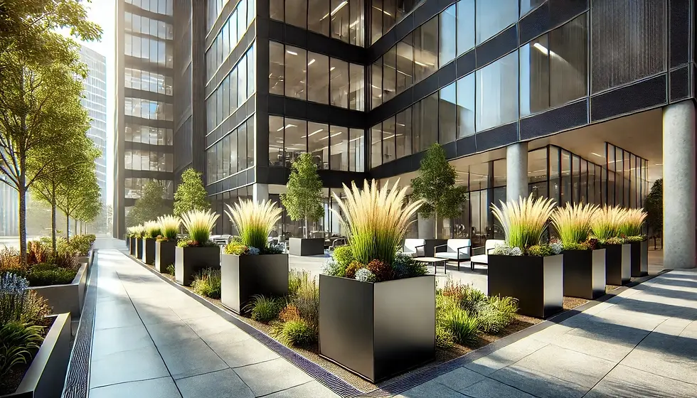 Large black commercial planters with ornamental grasses and trees in a modern office plaza.