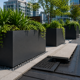 Commercial rooftop planters installed beside a visible drainage and waterproofing assembly on a modern terrace.
