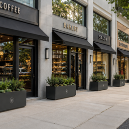 Branded planters standardized across multiple franchise storefronts.