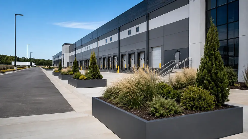 Low-maintenance commercial planters with ornamental grasses and evergreen shrubs outside a modern distribution center with multiple loading docks.