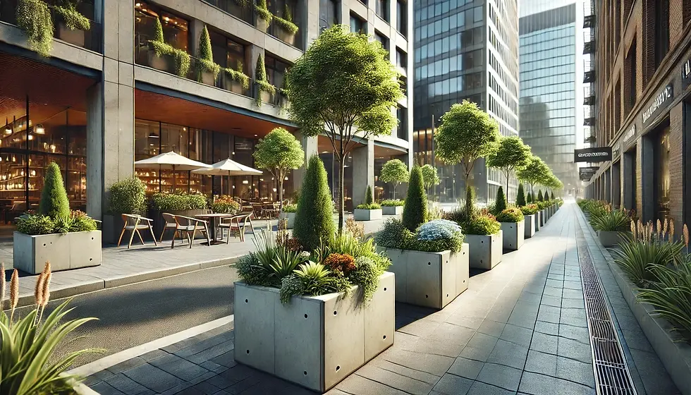 Large concrete commercial planters with trees and greenery lining a modern urban streetscape.