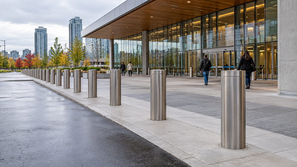 Steel bollards separate a pedestrian walkway from the vehicle lane outside a building.