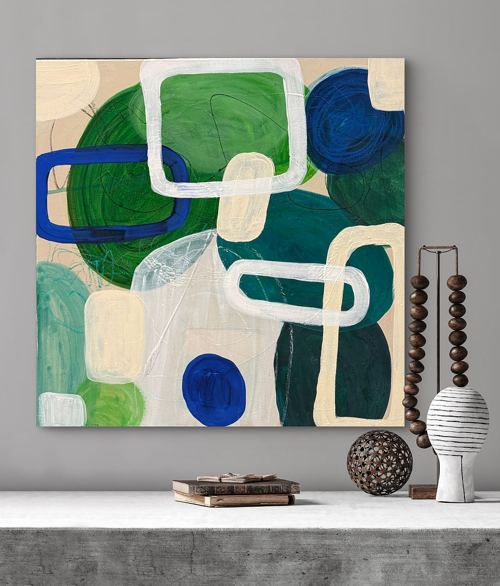 Thumbnail: Abstract mixed-media painting featuring layered circles and interconnected geometric shapes in deep blue, teal, green, cream,