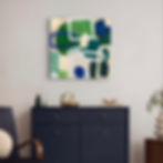 Thumbnail: Abstract mixed-media painting featuring layered circles and interconnected geometric shapes in deep blue, teal, green, cream,