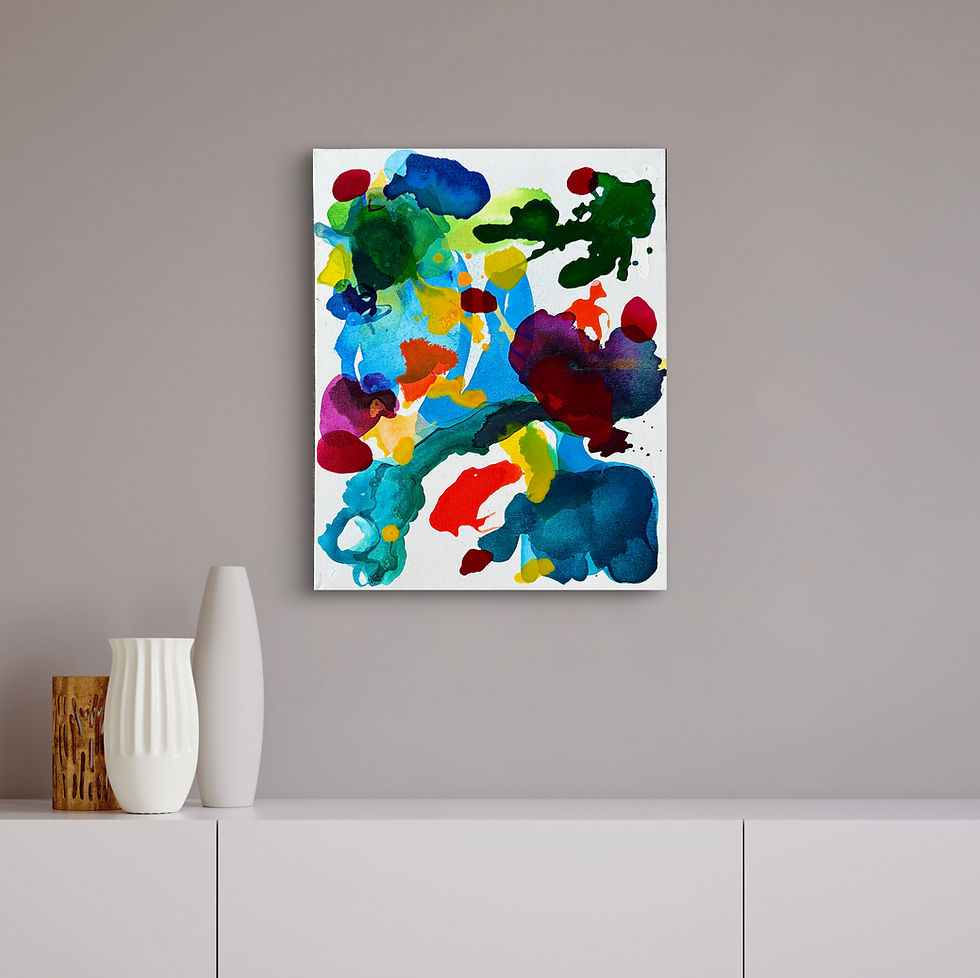 Abstract painting on a 16x20 canvas featuring vivid acrylic ink colors in fluid, organic shapes including blues, greens, yell