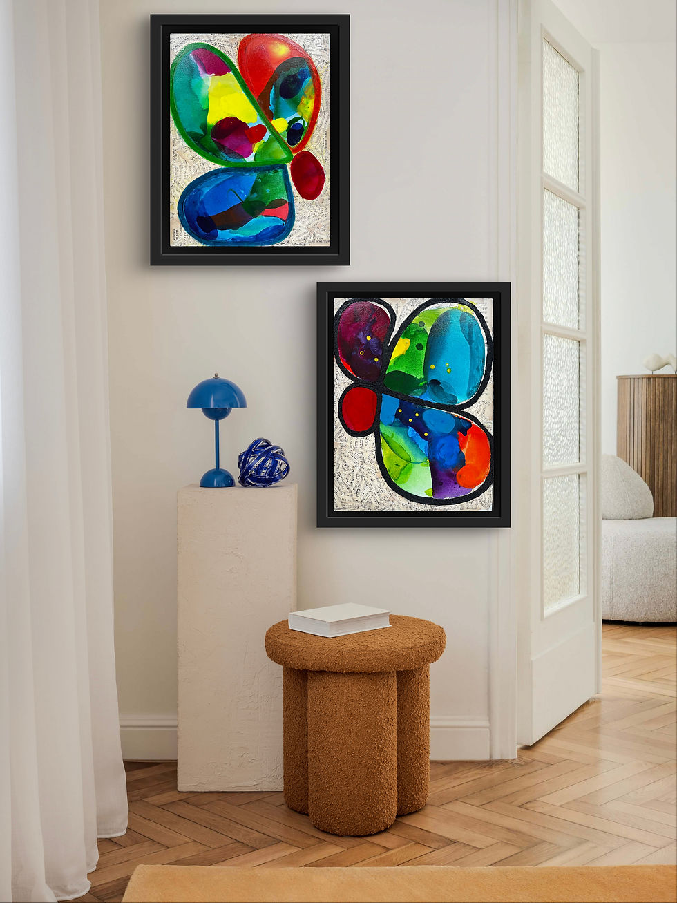 Thumbnail: Contemporary mixed media painting combining abstract circles in bold jewel tones—magenta, blue, red, green, and orange—with l