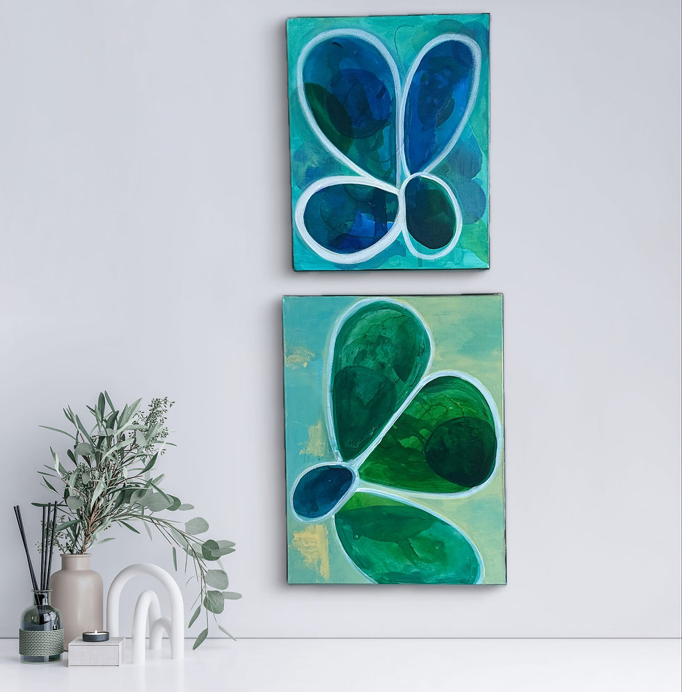 Thumbnail: Serene abstract botanical diptych exploring the harmony of growth and renewal, featuring stylized leaf forms with bold white