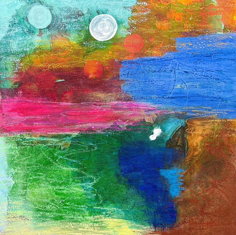 Abstract mixed media painting featuring vibrant layers of turquoise, pink, blue, green, orange, and gold. Floating circular f